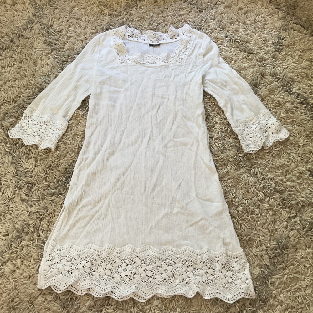 Talbots White Crinkle Gauze Crochet Lace Trim Boho Tunic Dress Womens Small